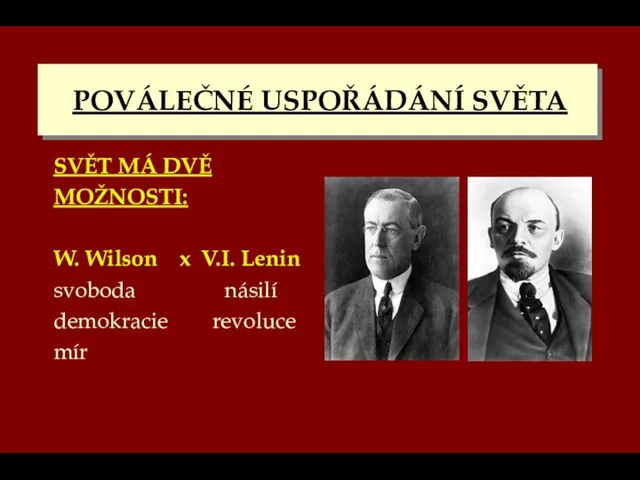 POVÁLEČNÉ USPOŘÁDÁNÍ SVĚTA SVĚT MÁ DVĚ MOŽNOSTI: W. Wilson x V.I. Lenin