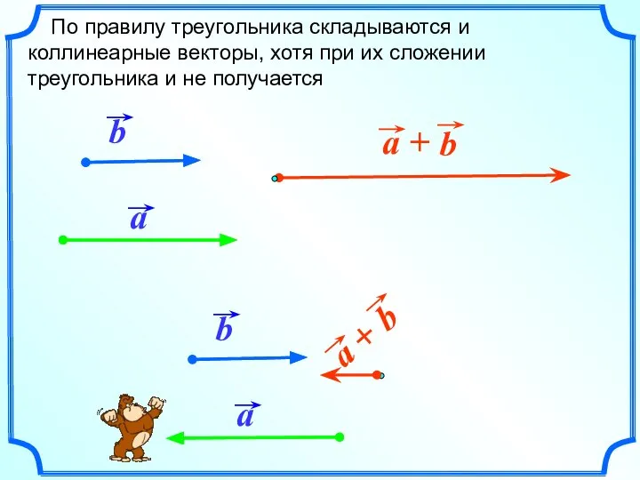 По правилу треугольника складываются и коллинеарные векторы, хотя при их сложении треугольника и не получается