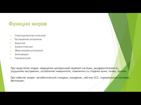 Функции жиров Структурная(пластическая) Растворение витаминов Защитная Энергетическая Обменная(регуляторная) Запасающая Гормональная При недостатке