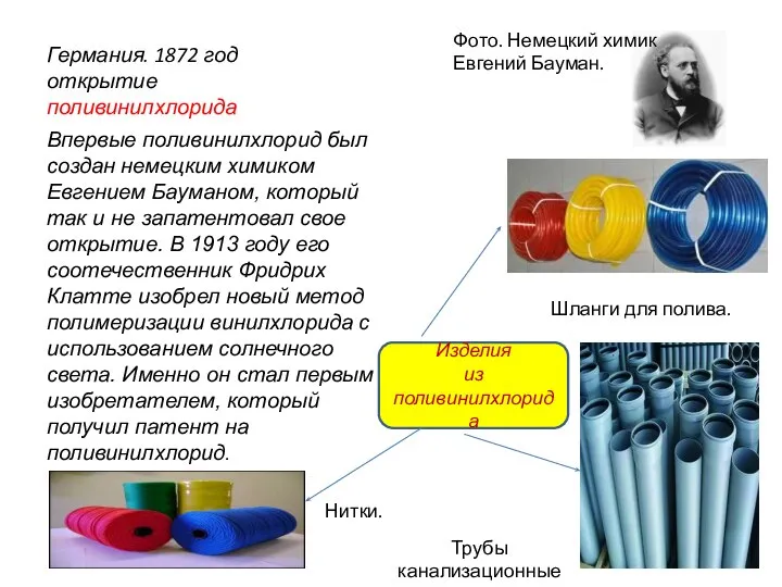 Германия. 1872 год открытие поливинилхлорида Впервые поливинилхлорид был создан немецким химиком Евгением