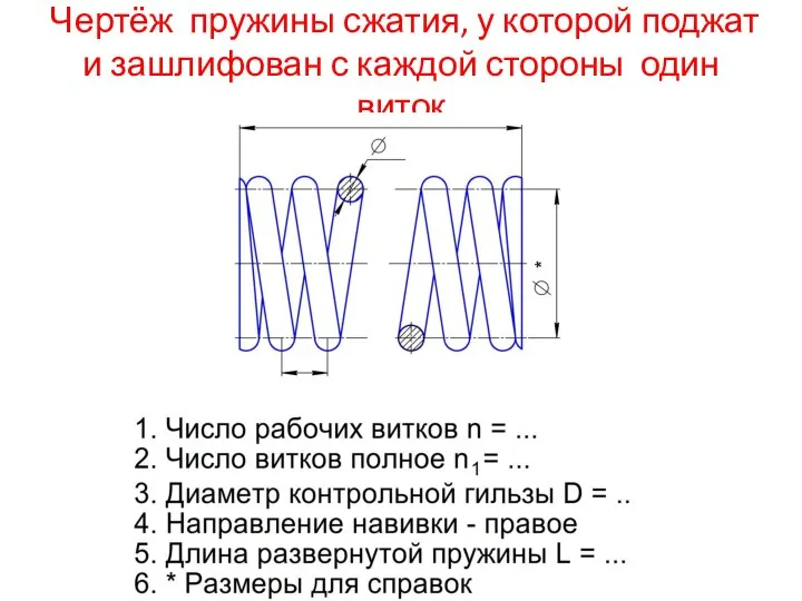 Чертёж пружины сжатия, у которой поджат и зашлифован с каждой стороны один виток