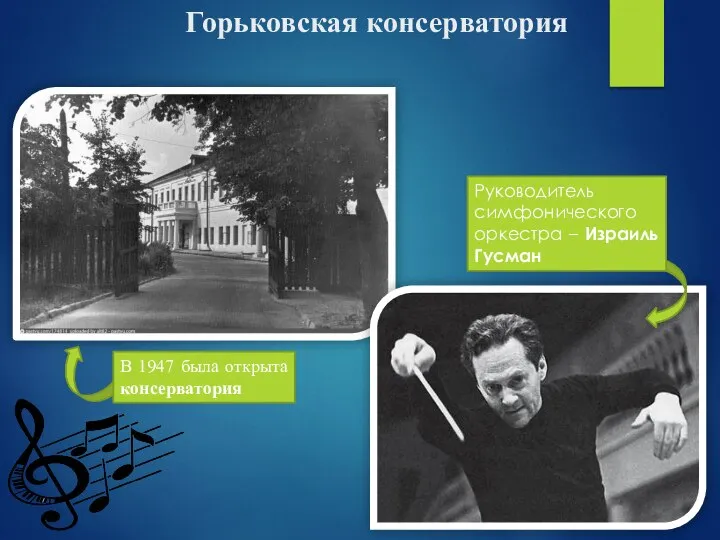 Горьковская консерватория В 1947 была открыта консерватория Руководитель симфонического оркестра – Израиль Гусман