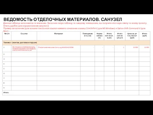 ВЕДОМОСТЬ ОТДЕЛОЧНЫХ МАТЕРИАЛОВ. САНУЗЕЛ Данная таблица заполняется по желанию. Заполнив такую таблицу