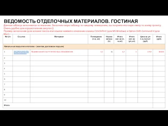 ВЕДОМОСТЬ ОТДЕЛОЧНЫХ МАТЕРИАЛОВ. ГОСТИНАЯ Данная таблица заполняется по желанию. Заполнив такую таблицу