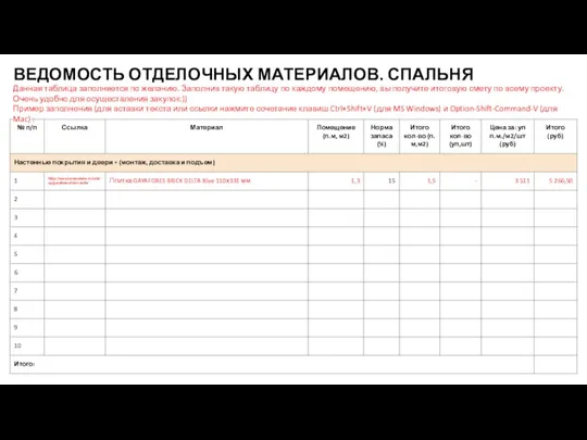 ВЕДОМОСТЬ ОТДЕЛОЧНЫХ МАТЕРИАЛОВ. СПАЛЬНЯ Данная таблица заполняется по желанию. Заполнив такую таблицу