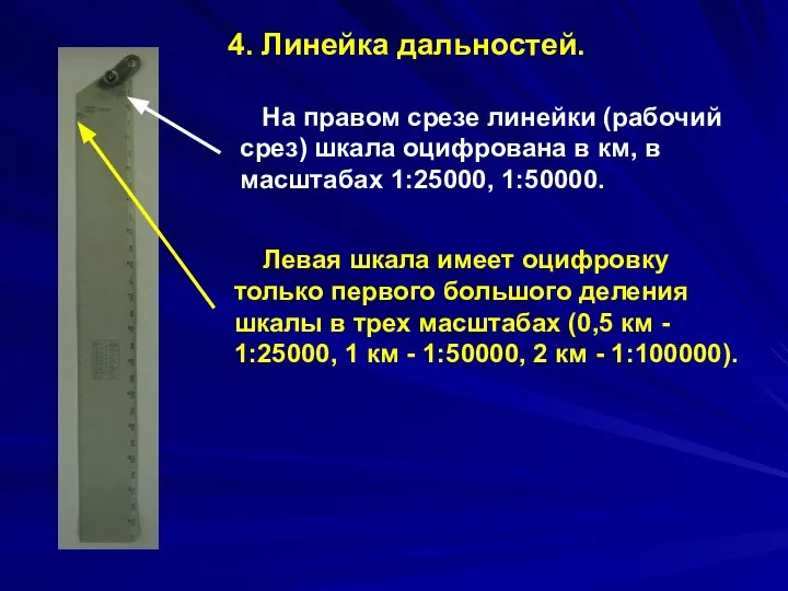 4. Линейка дальностей. На правом срезе линейки (рабочий срез) шкала оцифрована в