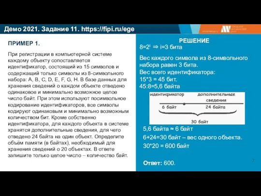 Демо 2021. Задание 11. https://fipi.ru/ege 5,6 байта ≈ 6 байт 6+24=30 байт