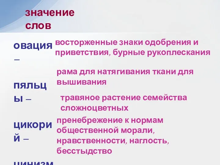 значение слов овация – пяльцы – цикорий – цинизм - восторженные знаки