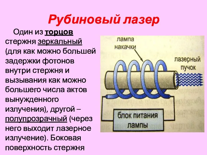 Рубиновый лазер Один из торцов стержня зеркальный (для как можно большей задержки