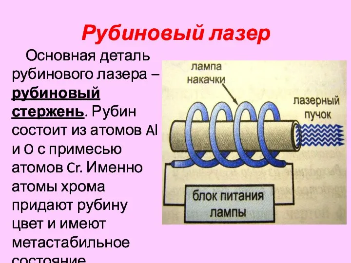 Рубиновый лазер Основная деталь рубинового лазера – рубиновый стержень. Рубин состоит из