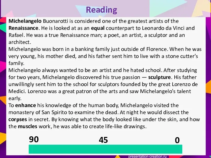 90 45 0 Reading Michelangelo Buonarotti is considered one of the greatest