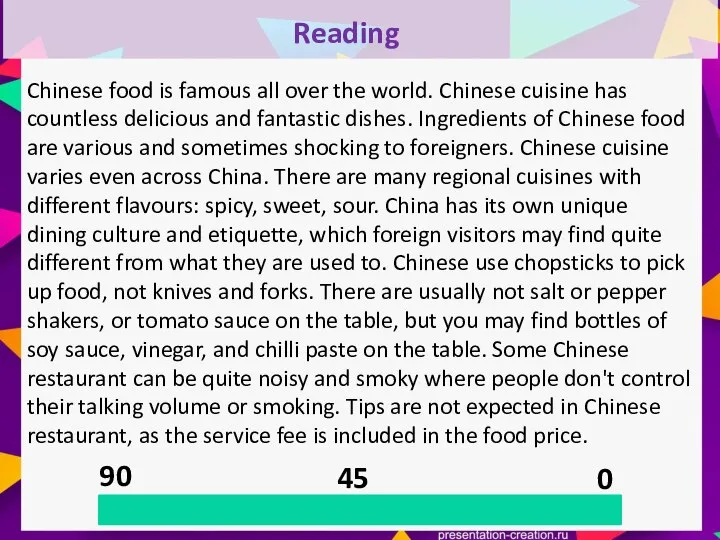 90 45 0 Reading Chinese food is famous all over the world.