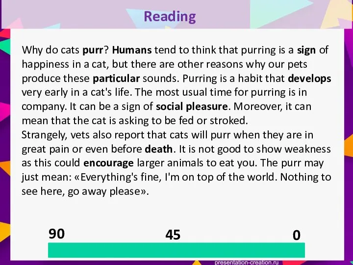90 45 0 Reading Why do cats purr? Humans tend to think