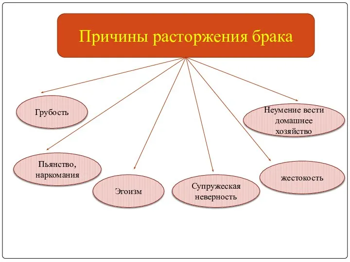 Причины расторжения брака Грубость Эгоизм Супружеская неверность жестокость Неумение вести домашнее хозяйство Пьянство, наркомания