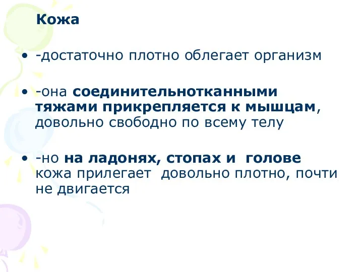 Кожа -достаточно плотно облегает организм -она соединительнотканными тяжами прикрепляется к мышцам, довольно