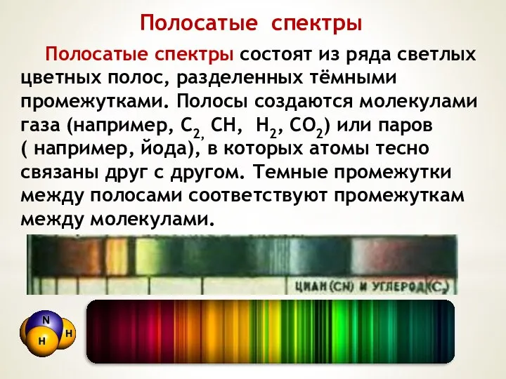 Полосатые спектры Полосатые спектры состоят из ряда светлых цветных полос, разделенных тёмными