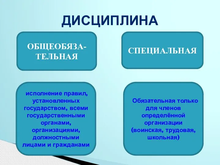 ОБЩЕОБЯЗА-ТЕЛЬНАЯ СПЕЦИАЛЬНАЯ ДИСЦИПЛИНА исполнение правил, установленных государством, всеми государственными органами, организациями, должностными