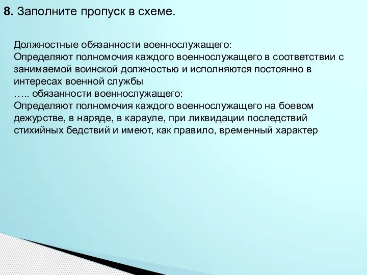 8. Заполните пропуск в схеме. Должностные обязанности военнослужащего: Определяют полномочия каждого военнослужащего