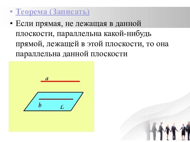 Теорема (Записать) Если прямая, не лежащая в данной плоскости, параллельна какой-нибудь прямой,