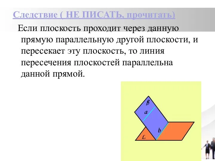 Следствие ( НЕ ПИСАТЬ, прочитать) Если плоскость проходит через данную прямую параллельную