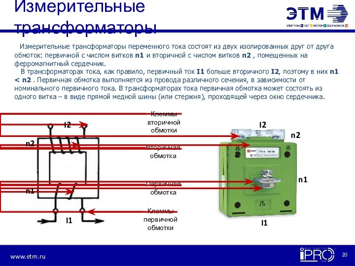 Измерительные трансформаторы Измерительные трансформаторы переменного тока состоят из двух изолированных друг от