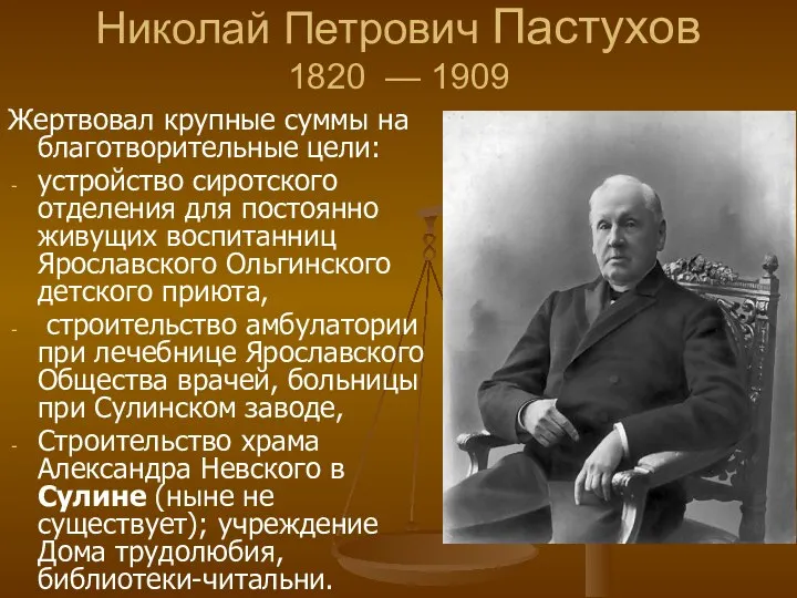 Николай Петрович Пастухов 1820 — 1909 Жертвовал крупные суммы на благотворительные цели: