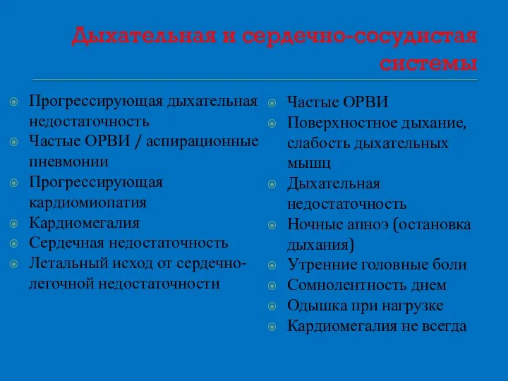 Дыхательная и сердечно-сосудистая системы Прогрессирующая дыхательная недостаточность Частые ОРВИ / аспирационные пневмонии