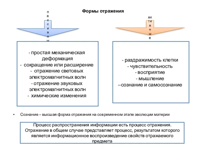 Формы отражения Сознание – высшая форма отражения на современном этапе эволюции материи