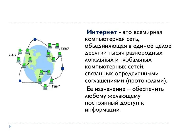 Интернет - это всемирная компьютерная сеть, объединяющая в единое целое десятки тысяч