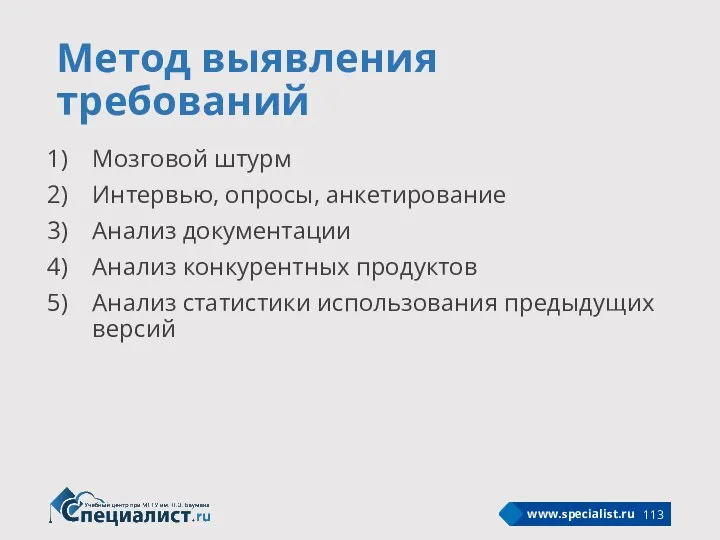 Метод выявления требований Мозговой штурм Интервью, опросы, анкетирование Анализ документации Анализ конкурентных