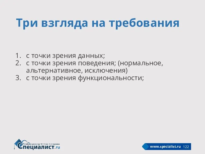 Три взгляда на требования с точки зрения данных; с точки зрения поведения;