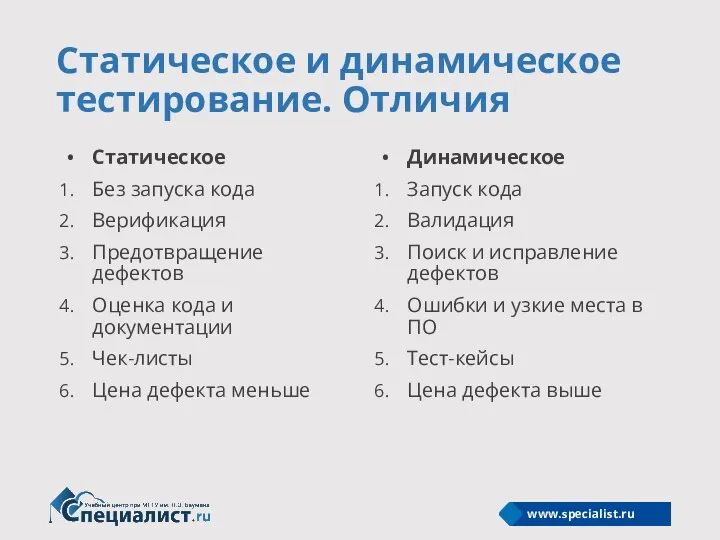 Статическое и динамическое тестирование. Отличия Статическое Без запуска кода Верификация Предотвращение дефектов