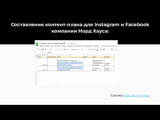 Составление контент-плана для Instagram и Facebook компании Норд Хауса: Ссылка: http://surl.li/ykqg
