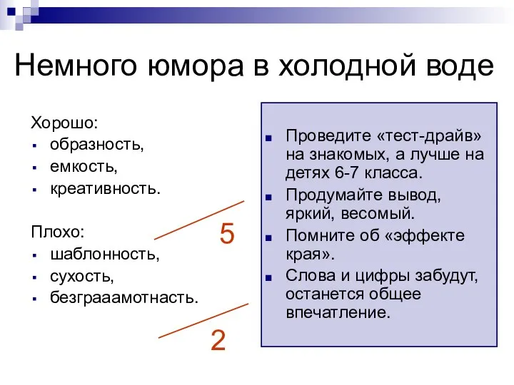 Немного юмора в холодной воде Хорошо: образность, емкость, креативность. Плохо: шаблонность, сухость,