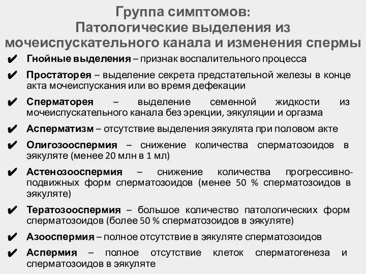 Группа симптомов: Патологические выделения из мочеиспускательного канала и изменения спермы Гнойные выделения