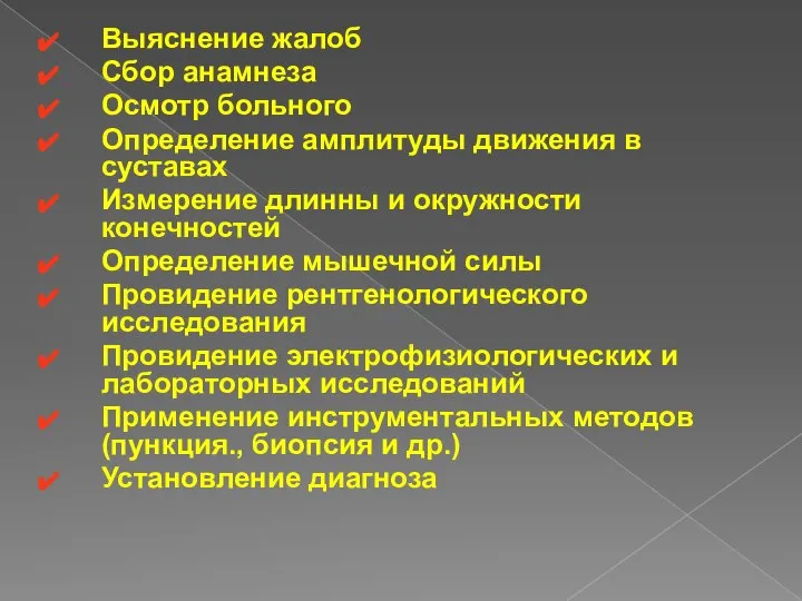 Выяснение жалоб Сбор анамнеза Осмотр больного Определение амплитуды движения в суставах Измерение