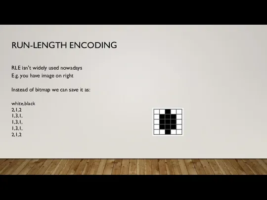RUN-LENGTH ENCODING RLE isn't widely used nowadays E.g. you have image on