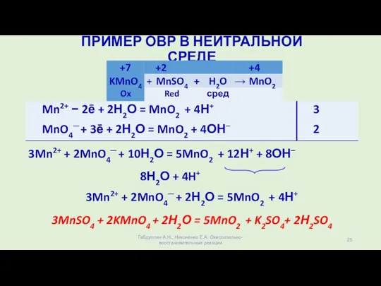 3Mn2+ + 2MnO4─ + 10Н2О = 5MnO2 + 12Н+ + 8ОН– 8Н2О