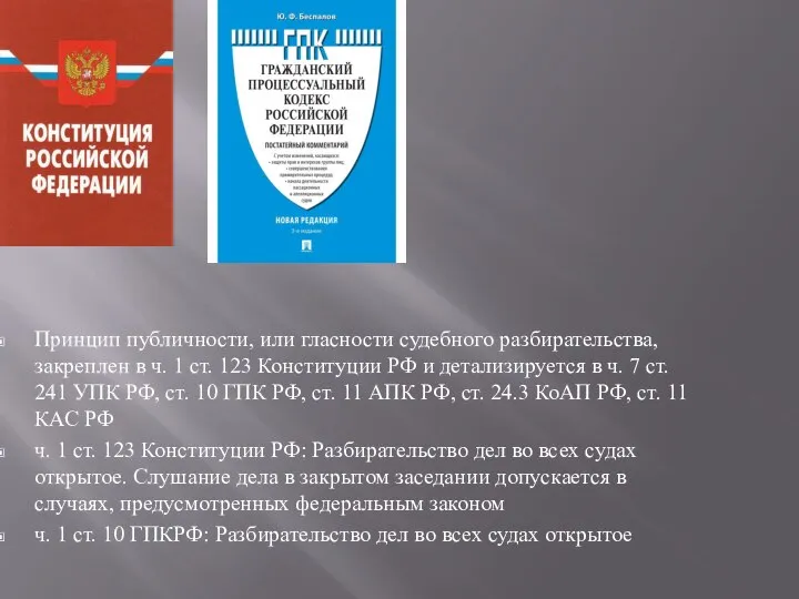 Принцип публичности, или гласности судебного разбирательства, закреплен в ч. 1 ст. 123