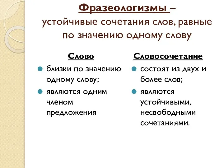 Фразеологизмы – устойчивые сочетания слов, равные по значению одному слову Слово близки