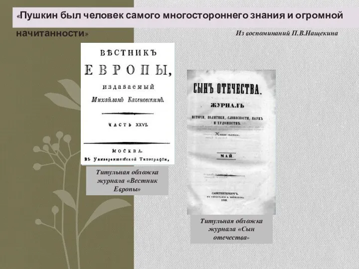 «Пушкин был человек самого многостороннего знания и огромной начитанности» Из воспоминаний П.В.Нащекина