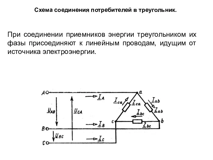 Схема соединения потребителей в треугольник. При соединении приемников энергии треугольником их фазы