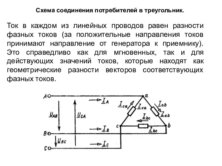 Схема соединения потребителей в треугольник. Ток в каждом из линейных проводов равен