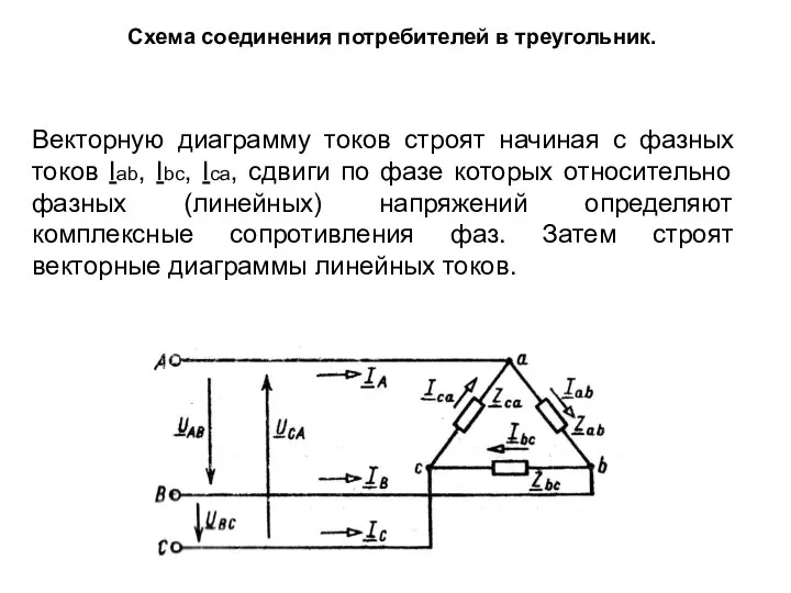 Схема соединения потребителей в треугольник. Векторную диаграмму токов строят начиная с фазных