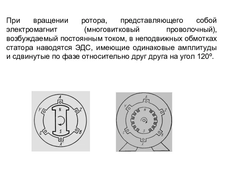 При вращении ротора, представляющего собой электромагнит (многовитковый проволочный), возбуждаемый постоянным током, в