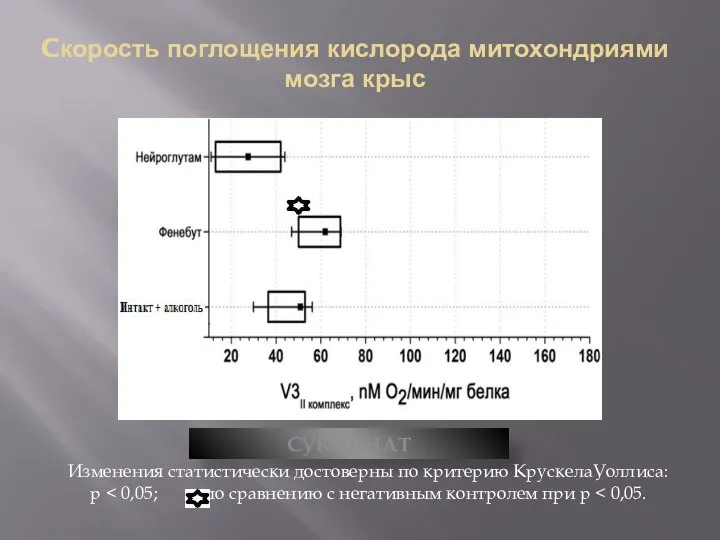 Cкорость поглощения кислорода митохондриями мозга крыс СУКЦИНАТ Изменения статистически достоверны по критерию КрускелаУоллиса: р