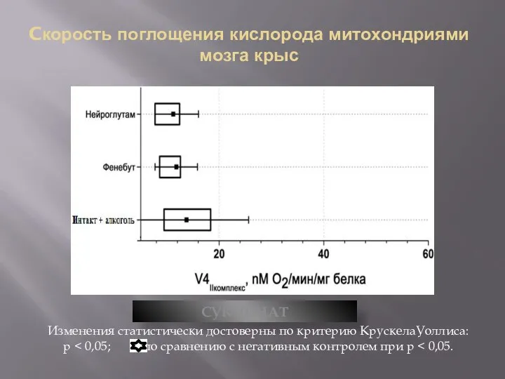 Cкорость поглощения кислорода митохондриями мозга крыс СУКЦИНАТ Изменения статистически достоверны по критерию КрускелаУоллиса: р