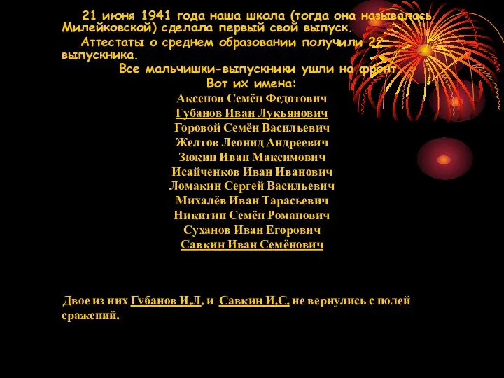 21 июня 1941 года наша школа (тогда она называлась Милейковской) сделала первый