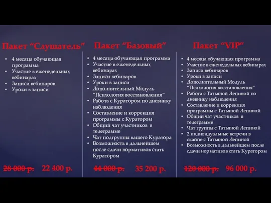 Пакет “Слушатель” Пакет “Базовый” Пакет “VIP” 4 месяца обучающая программа Участие в