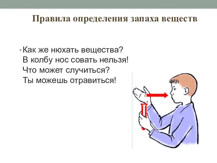 Правила определения запаха веществ Как же нюхать вещества? В колбу нос совать